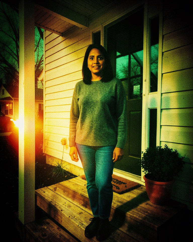 Halloween photo editor example: the porch photo regraded like a 1950s monster movie with a green sky, red accents and film grain