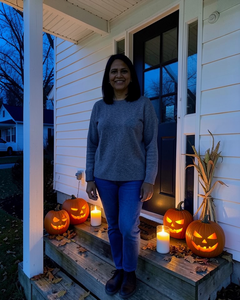 Halloween photo editor example: the same porch at dusk with glowing carved jack-o'-lanterns and candles lining the wooden steps