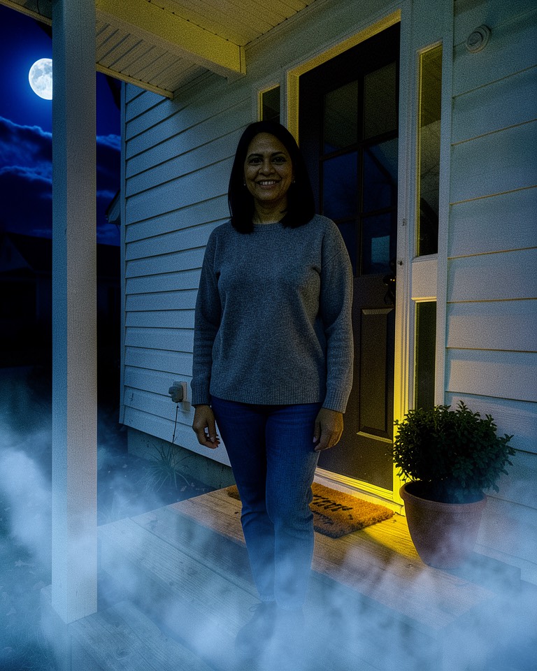 Halloween photo editor example: a woman in a grey sweater on a white porch, edited to a foggy full-moon night with a warm porch light