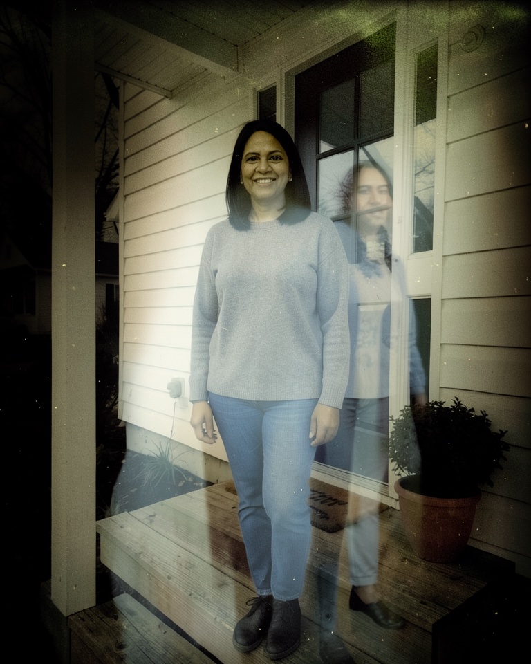Halloween photo editor example: double exposure with a faint translucent copy of the woman standing beside her on the porch